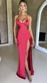 Vestido Maxi Satinado Escote V con Abertura