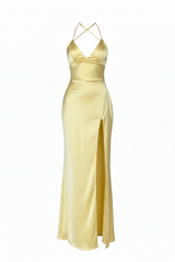 Vestido Maxi Satinado Escote V con Abertura