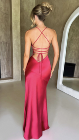 Vestido Maxi Satinado Escote V con Abertura
