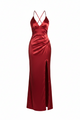Vestido Maxi Satinado Escote V con Abertura