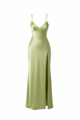 Vestido Maxi Satinado Escote V con Abertura