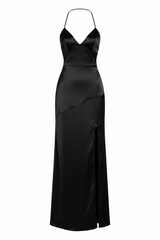 Vestido Maxi Satinado Escote V con Abertura