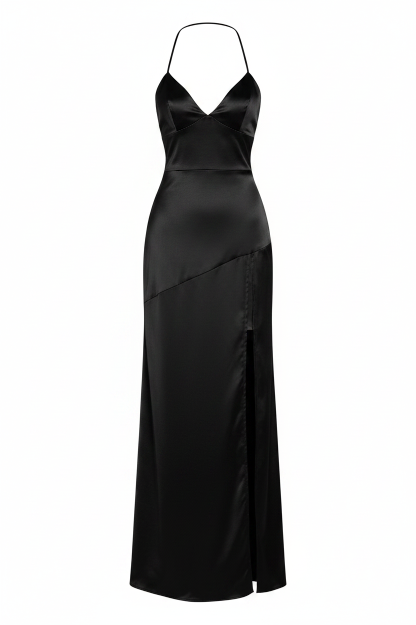 Vestido Maxi Satinado Escote V con Abertura