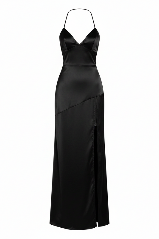 Vestido Maxi Satinado Escote V con Abertura
